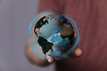 Hand holding digital earth, global network, connection, technology, future, innovation, digital...