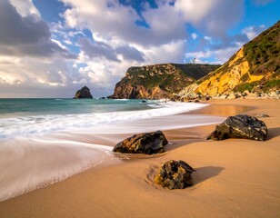Coastal beach scene at sunrise or sunset