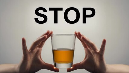 A hand gently holding a glass of whiskey, with the word STOP as a symbolic expression of a call to refrain from consuming alcohol. 