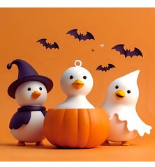 Obraz premium Adorable geese dressed in funny Halloween costumes, perfect for holiday decoration and design.