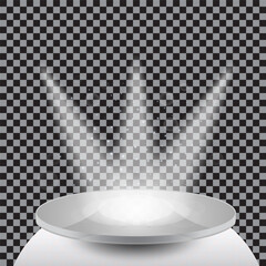 Glossy gray podium with spotlight beams and spark effects on transparent checkerboard background, 3D pedestal with glowing light and reflective surface