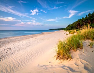 Coastal beach scene at sunrise or sunset