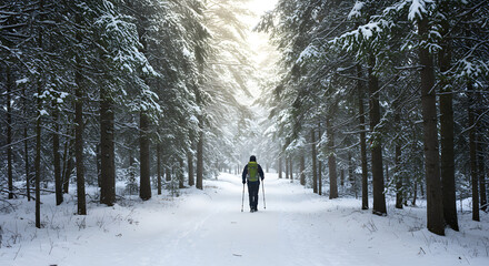 Backpacker walks through snowy forest