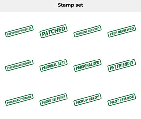 Collection of Twelve Rectangular Green Rubber Stamps with Various Texts on White