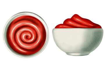 Watercolor painting of tomato ketchup. Sauce. Tomato. Bottle or bowl of ketchup. Set of sauce bowls with red sauce. Watercolor painting. Menu.