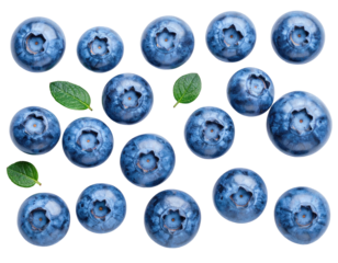 Blueberries and leaves arranged in a grid pattern