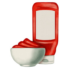 Watercolor drawing of tomato ketchup. Sauce. Tomato. Bottle or plate of ketchup. Watercolor drawing. Menu.	