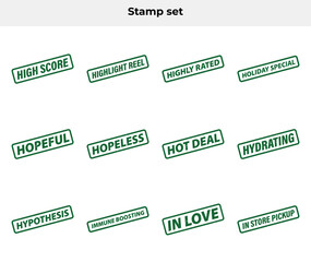 Green Ink Rubber Stamp Set on White Backdrop Featuring Various Common Phrases