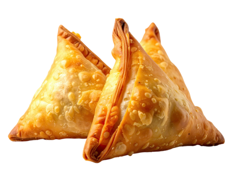 Two golden-brown triangular pastries, likely samosas, with crimped edges and a slightly reddish-brown undertone
