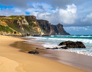 Coastal beach scene with dramatic cliffs