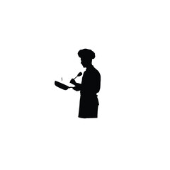 Chef silhouette holding a pan and speaking into a microphone presenting food silhouette