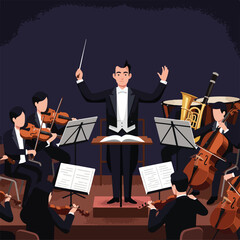 Fototapeta premium Orchestra performs, conductor leading, violins, cellos, tuba on dark stage