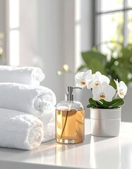 White towels, glass dispenser, orchids on a bathroom counter