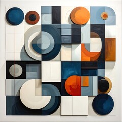 Abstract geometric composition of circles and squares in shades of blue, orange, and white