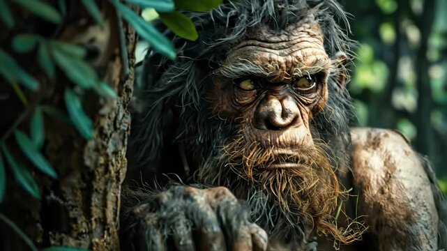 An early human looks out from behind a tree trunk. A look into the past with this ancient human and early hominid as a video portrayal