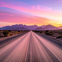 Desert road stretches to vibrant sunset
