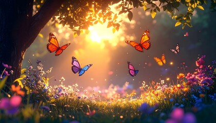 Colorful butterflies in a sunlit meadow
