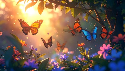 Colorful butterflies in a sunlit garden