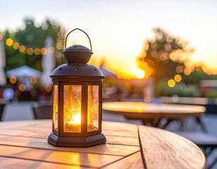 Warm lantern on outdoor patio at sunset
