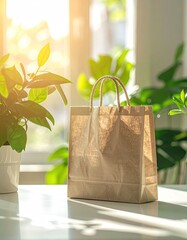Brown paper shopping bag on a table near plants. Sunlight