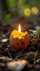 Egg-shaped candle glows in earthy setting