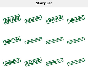 Set of Green Rubber Stamps with Various Messages on a White Background
