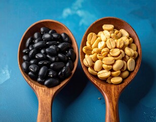 Two wooden spoons, one with black beans, the other with coffee beans, on a blue surface