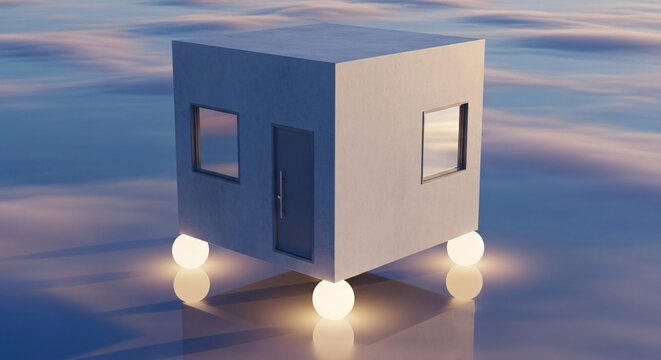 Cubic modern house on glowing sphere legs above reflective water
