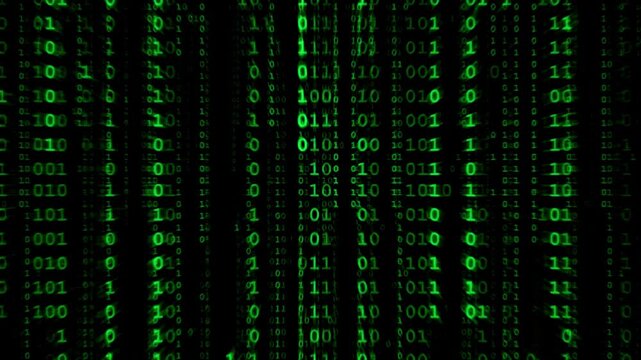 Green binary code on black background, digital abstract background. decryption and encoding, row matrix. digital space Matrix Numbers Loop Digital