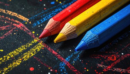 Close-up of three colored pencils; red, yellow, and blue, resting on a dark surface with colorful markings