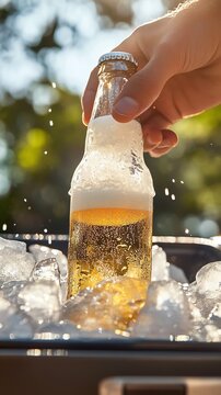 Hand reaching for refreshing bottled beer in a cooler filled with ice, set against a vibrant outdoor background.