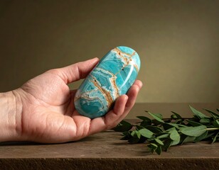Oval, teal-blue gemstone held in hand