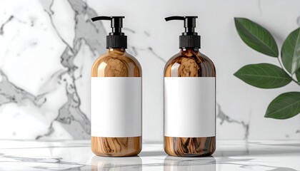 Two pump bottles, light beige and dark brown, with white labels, on a marble surface,  with green leaves