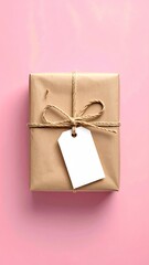 Wrapped gift box with twine and tag on pink background