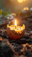 A warm candle in a cracked egg shell
