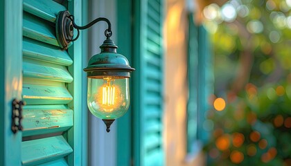 Teal shuttered wall with antique style hanging light