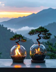 Two bonsai trees in glass orbs, flames, sunset over mountains