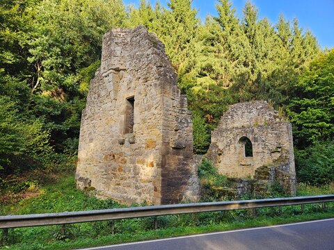 Ruins of the Chapel of Reinshagen, between near Adelebsen, Northeim district, Germany. The church was inaugurated in 1199, the village was destroyed by the plague in 1348, after which the church decay