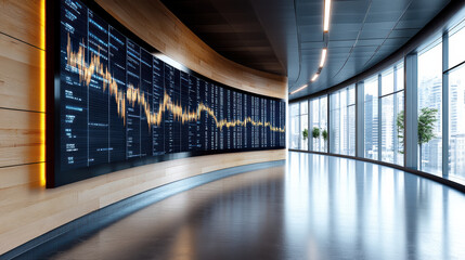 High tech digital display showing data trends in modern office environment with large windows