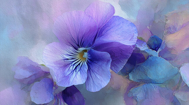 The image showcases a close up of a flower with large, overlapping petals. The petals display a range of cool colors, transitioning from a lavender hue to a deeper violet