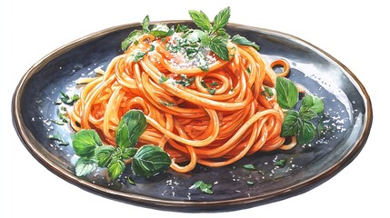 Gourmet Italian Spaghetti on a Dark Plate - Minimalist Watercolor Painting