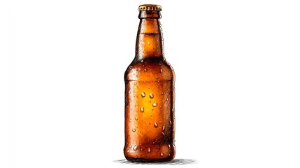  Unopened Brown Beer Bottle with Condensation - Watercolor Illustration