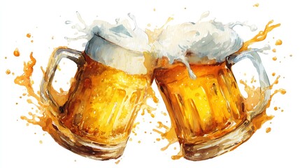 Two Beer Mugs Toasting with a Dynamic Splash - Watercolor Art