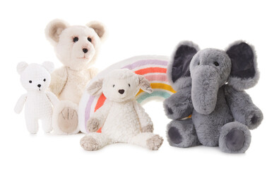 Many different soft toys isolated on white