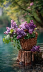 Lilac bouquet in basket by water