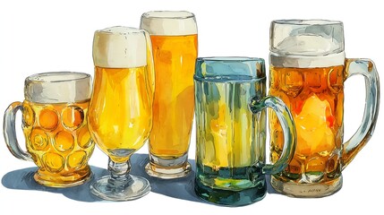 Set of Assorted Beer Glasses with Lager