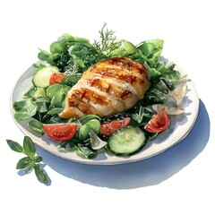 Healthy Grilled Chicken Breast Fillet with Fresh Vegetable Salad - Watercolor Illustration