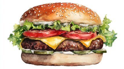 Classic Homemade Beef Burger - Appetizing Watercolor Illustration