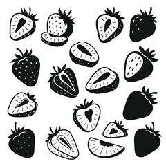 Hand drawn strawberry collection various styles fresh fruit sketch elements for design silhouette