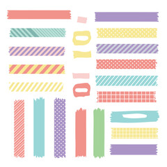 Collection of colorful decorative washi tape strips in various patterns and textures.